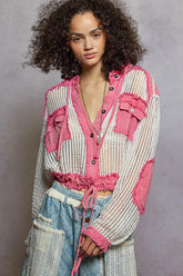 POL Texture Woven Button Down Hooded Shirt with Drawstring Hem OutfitFlow